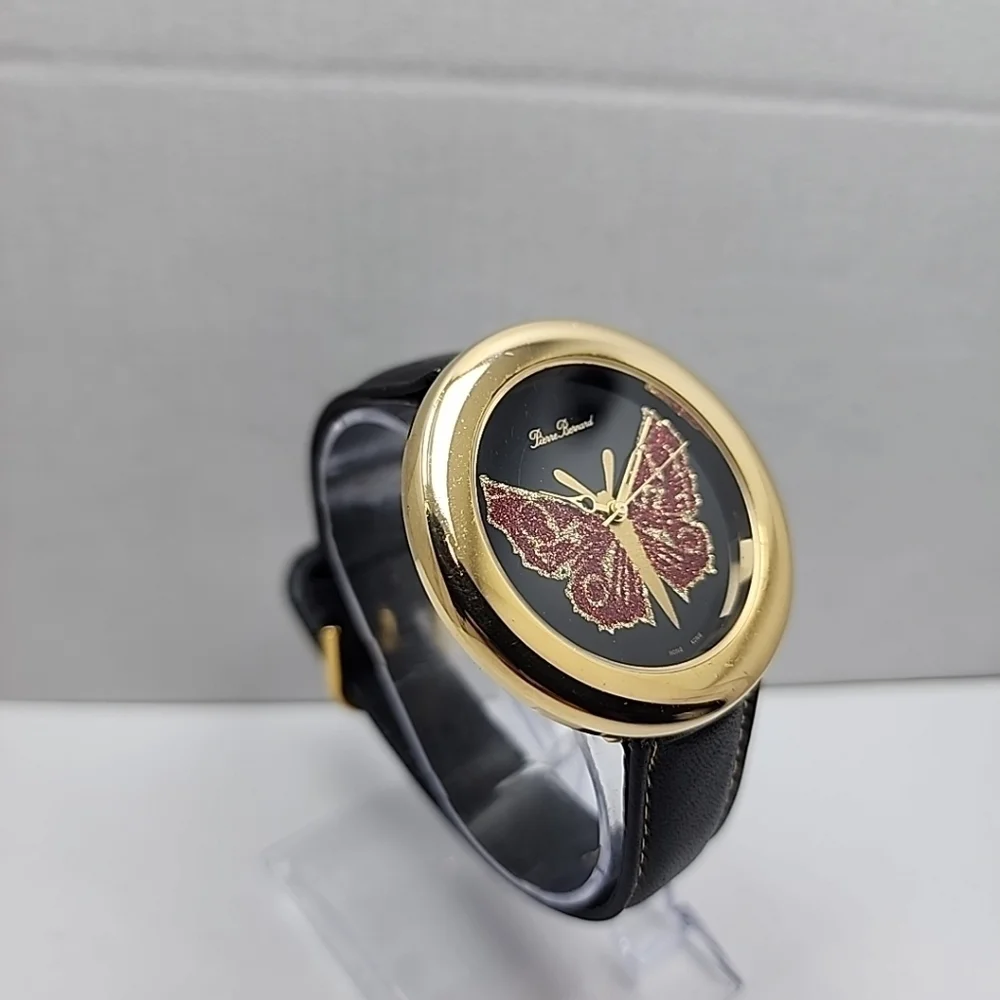 Womens Pierre Bernard Butterfly Watch Gold Glitter Black Leather New Battery